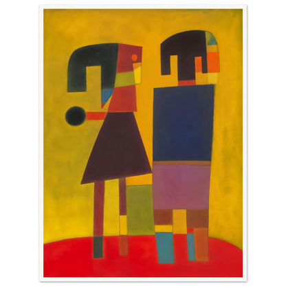 Two stylized figures in bold geometric shapes stand on a red floor against a golden background, evoking quiet connection.