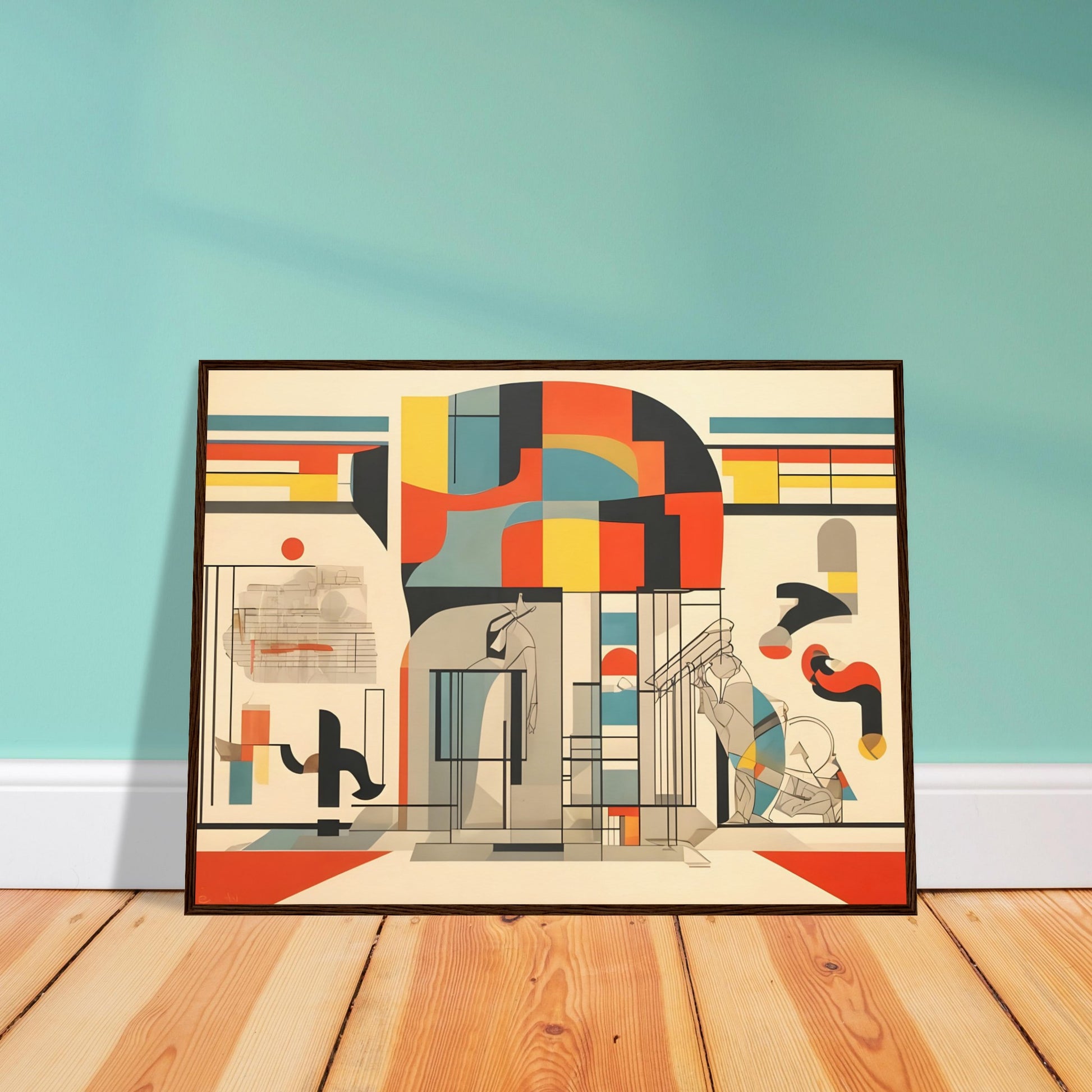 A vibrant abstract artwork with geometric shapes and architectural elements in bold colors like red, yellow, blue, and beige, creating a layered and modern composition.