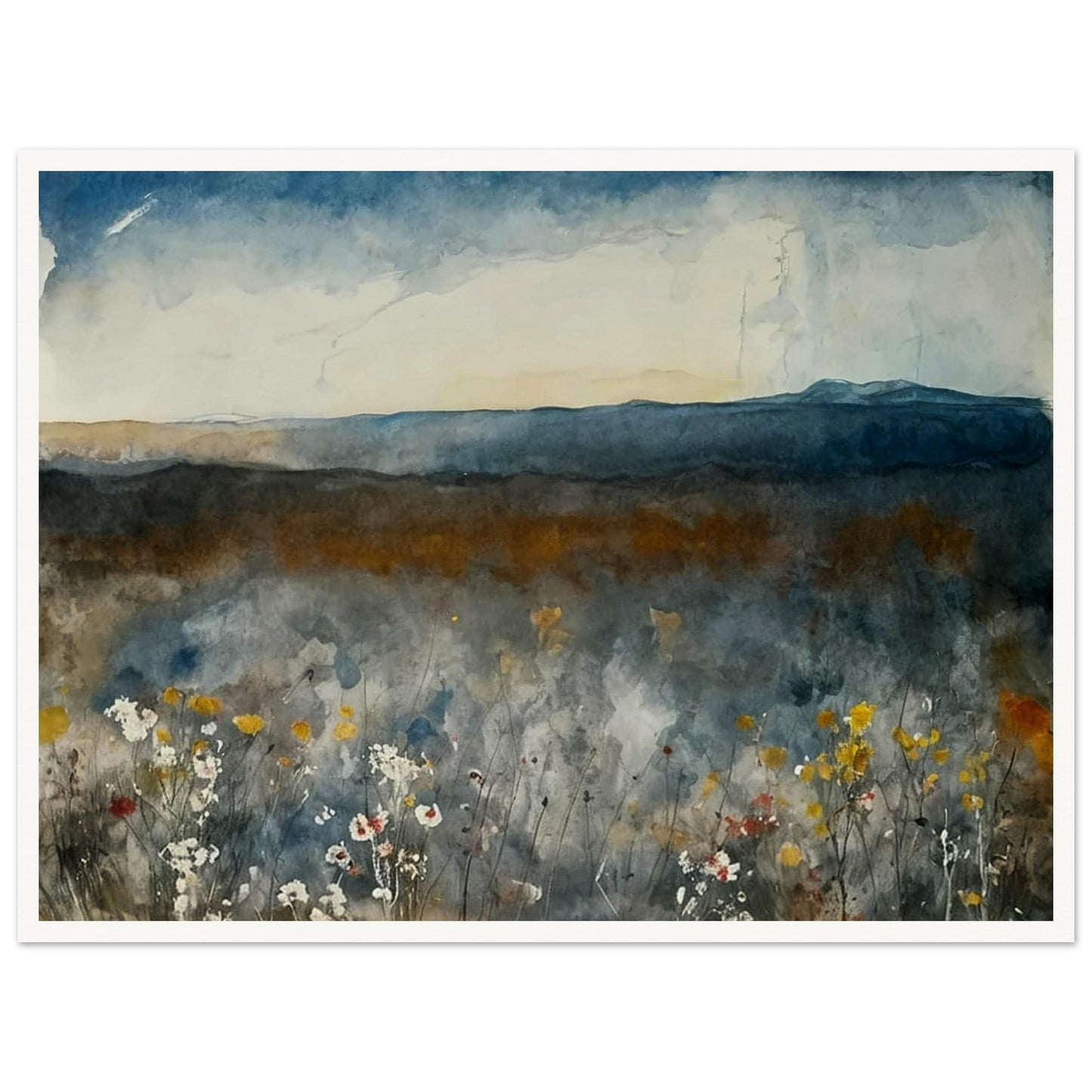 A painting of a misty meadow with wildflowers in the foreground and distant mountains under a cloudy sky.