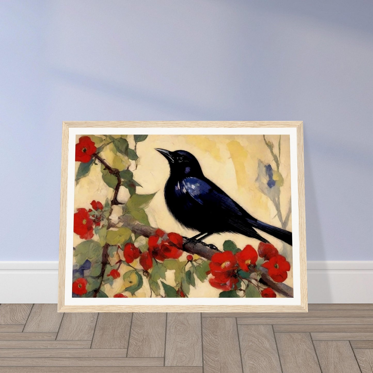 "A striking painting of a blackbird perched on a branch with vibrant red blossoms and green leaves, set against a soft, light background."