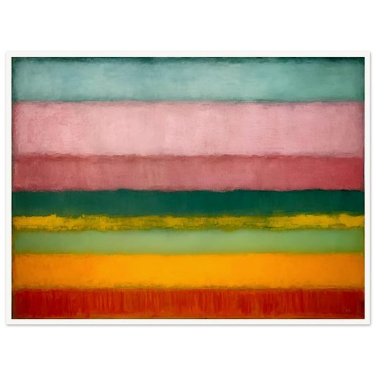 A minimalist painting of horizontal color bands fading softly from one to another in pink, green, yellow, and red tones.