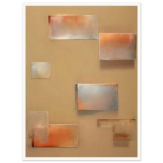 An abstract composition featuring softly blurred rectangular shapes in muted shades of orange, gray, and beige, creating a serene and minimalist geometric design.