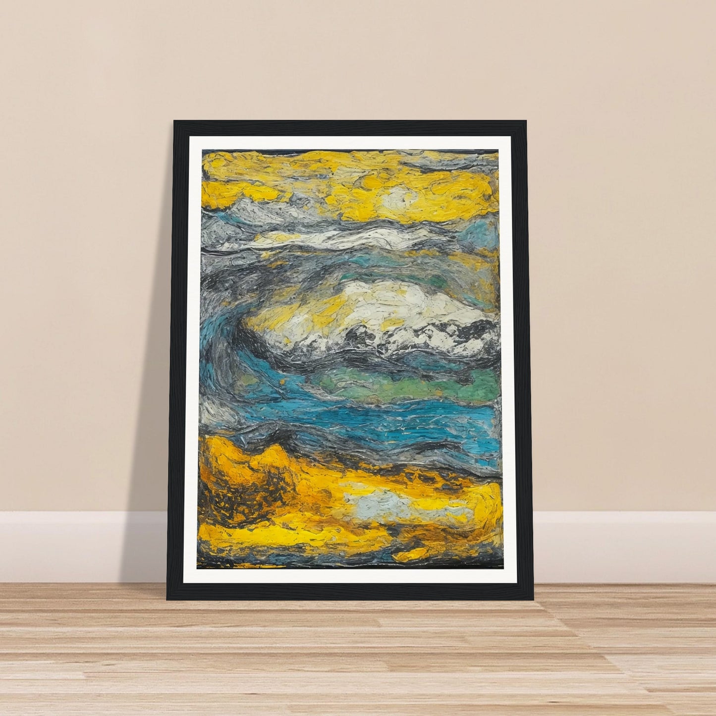 An expressive abstract painting capturing the essence of a stormy landscape with swirling colors and textures, predominantly in shades of yellow, blue, and gray. The dynamic movement and thick application of paint evoke a sense of turbulence and natural power.