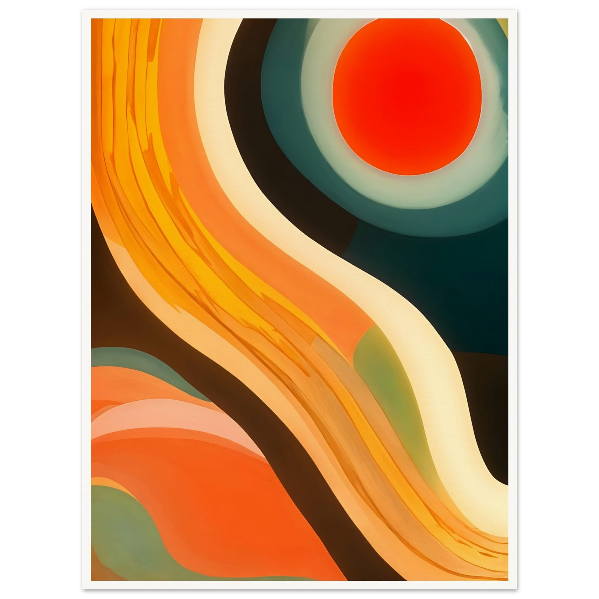 An abstract artwork featuring bold, flowing curves in shades of orange, yellow, and teal, with a vibrant red circular sun at the top.