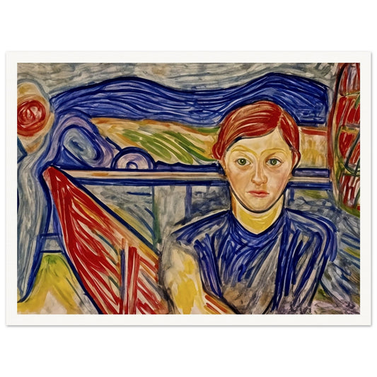 An expressive painting of a figure with red hair, seated against a vibrant background of swirling blue, red, and green brushstrokes, creating a sense of deep thought and inner reflection.