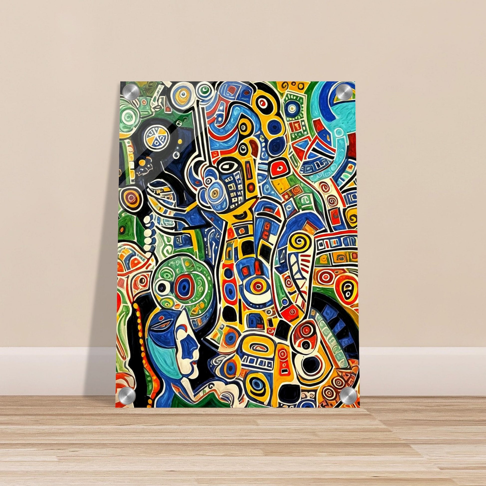 Bold and intricate abstract patterns in vibrant colors like blue, red, yellow, and green, forming a dynamic and energetic composition of swirling shapes.