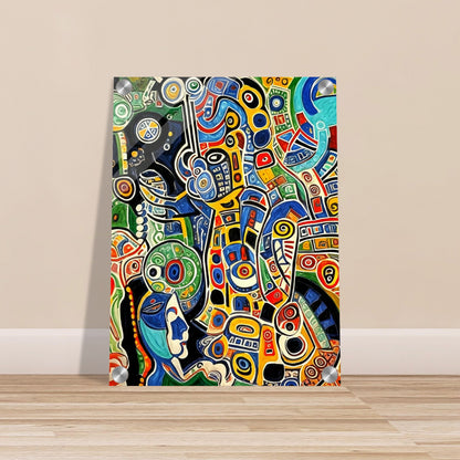 Bold and intricate abstract patterns in vibrant colors like blue, red, yellow, and green, forming a dynamic and energetic composition of swirling shapes.