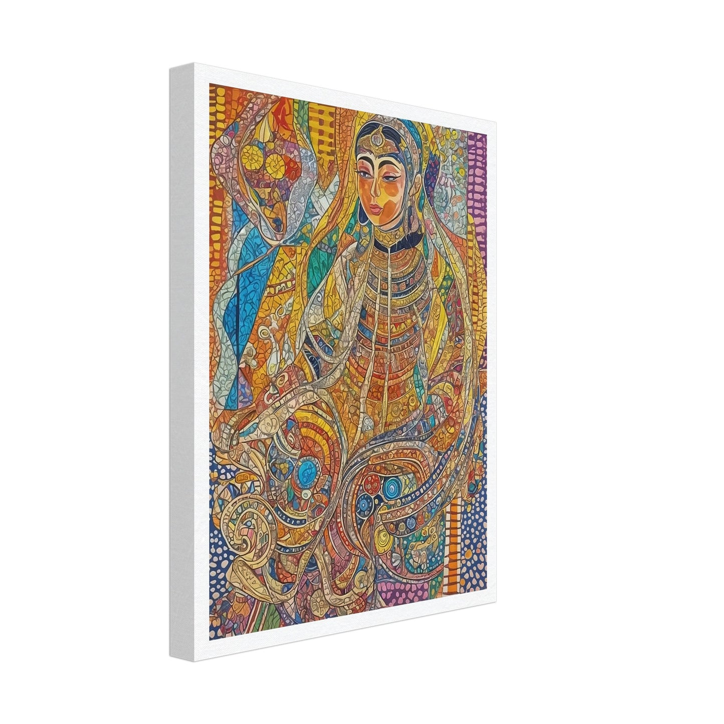 A vibrant mosaic-style artwork depicting a regal woman in intricate traditional attire, surrounded by vivid colors and patterns.