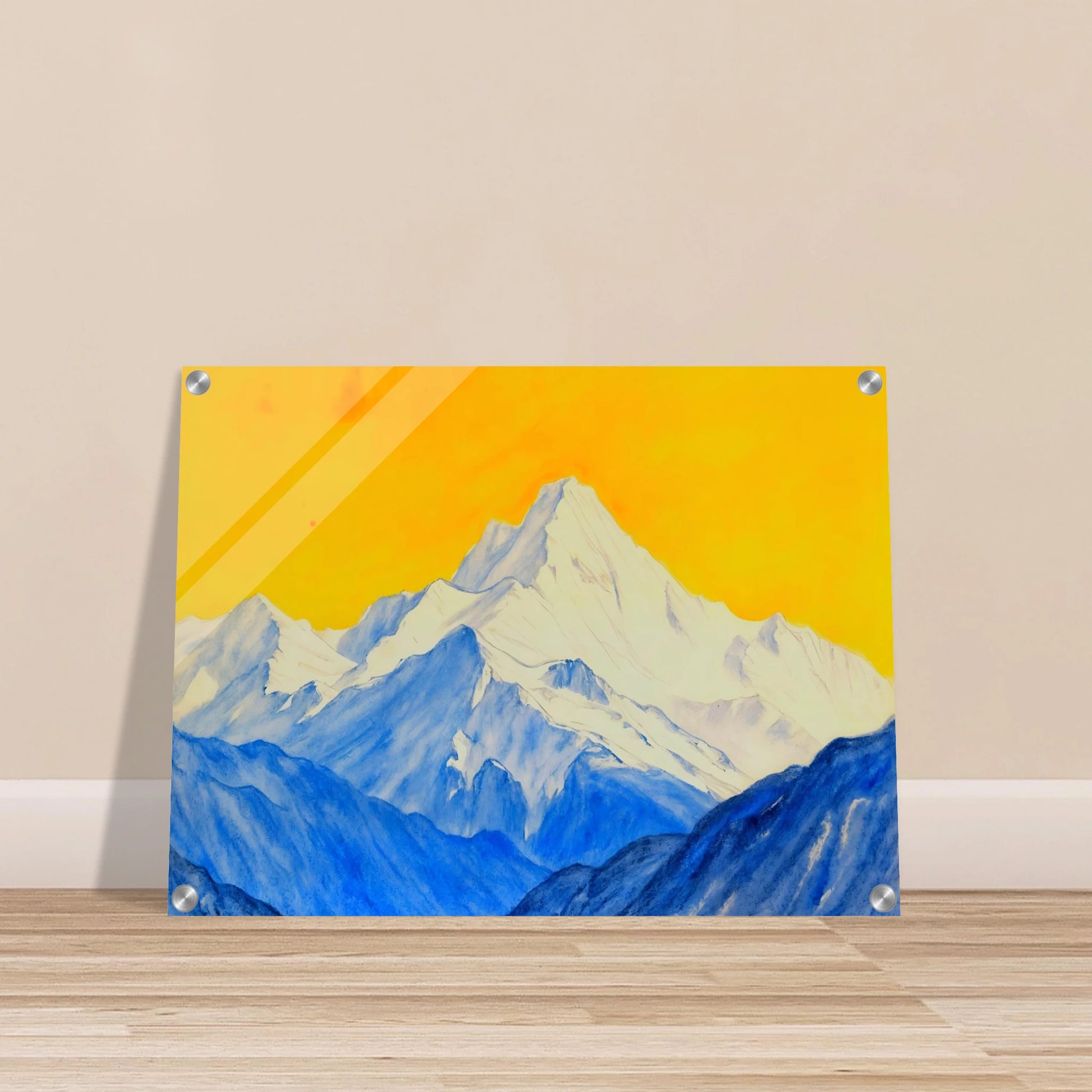 Snowy blue mountain ranges rise beneath a brilliant golden sky, blending icy grandeur with vivid warmth.