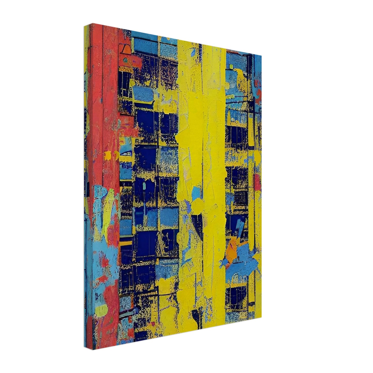 Vibrant abstract painting featuring bold strokes of red, yellow, and blue with a textured, geometric pattern.