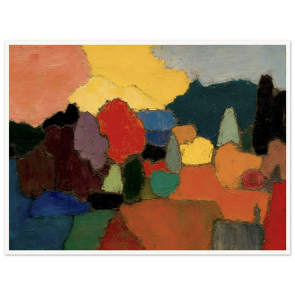 Colorful trees and fields gather beneath a glowing sky, blending rich reds, blues, and golds into a serene landscape.