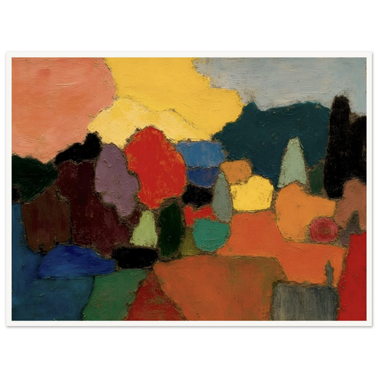 Colorful trees and fields gather beneath a glowing sky, blending rich reds, blues, and golds into a serene landscape.
