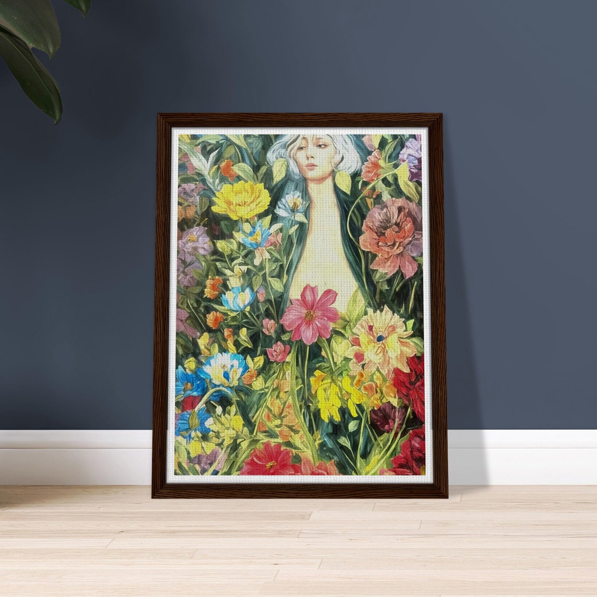 A serene figure surrounded by a lush garden of vibrant, blooming flowers, blending into the foliage with shades of pink, yellow, blue, and green.