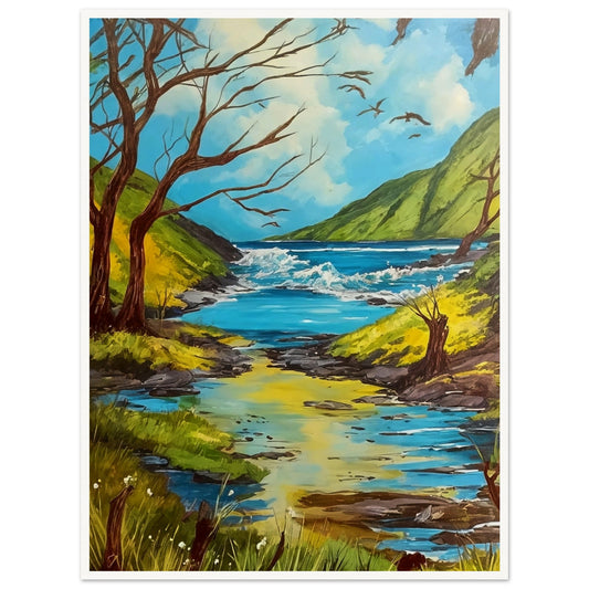 A serene landscape painting of a clear stream flowing through lush green hills, with birds flying in the blue sky and barren trees on the banks.