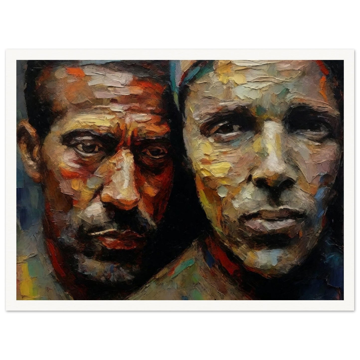 A powerful oil painting of two men with expressive, textured faces, capturing emotions and depth through vibrant brushstrokes.