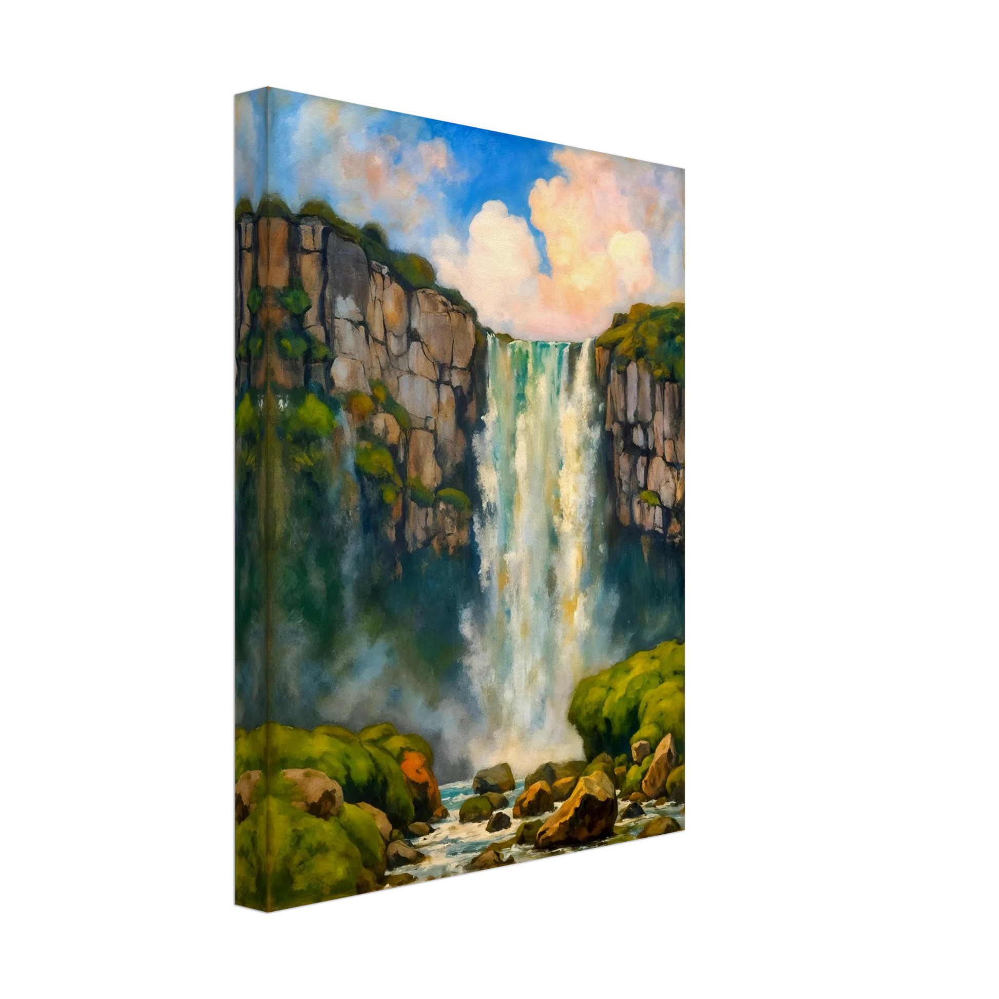 A majestic waterfall plunges between rocky cliffs into misty waters below, framed by lush green moss and glowing skies.