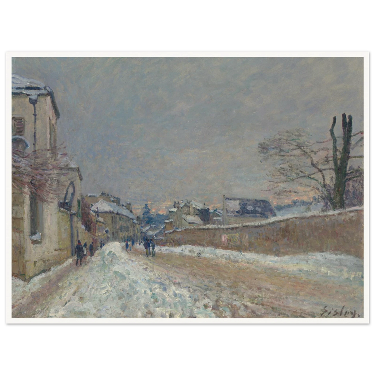 A snowy village road with figures, houses, bare trees, and soft gray winter sky.