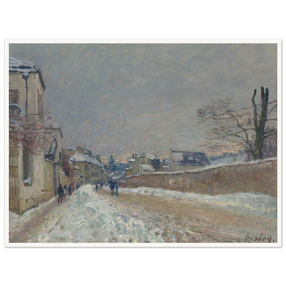 A snowy village road with figures, houses, bare trees, and soft gray winter sky.
