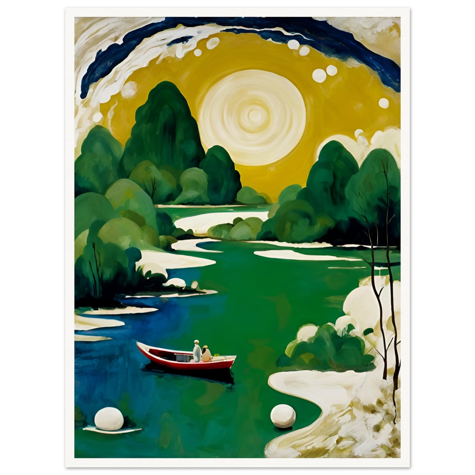 A peaceful river scene with a golden sun, lush green trees, and a small red boat carrying two figures, evoking serenity and wonder.