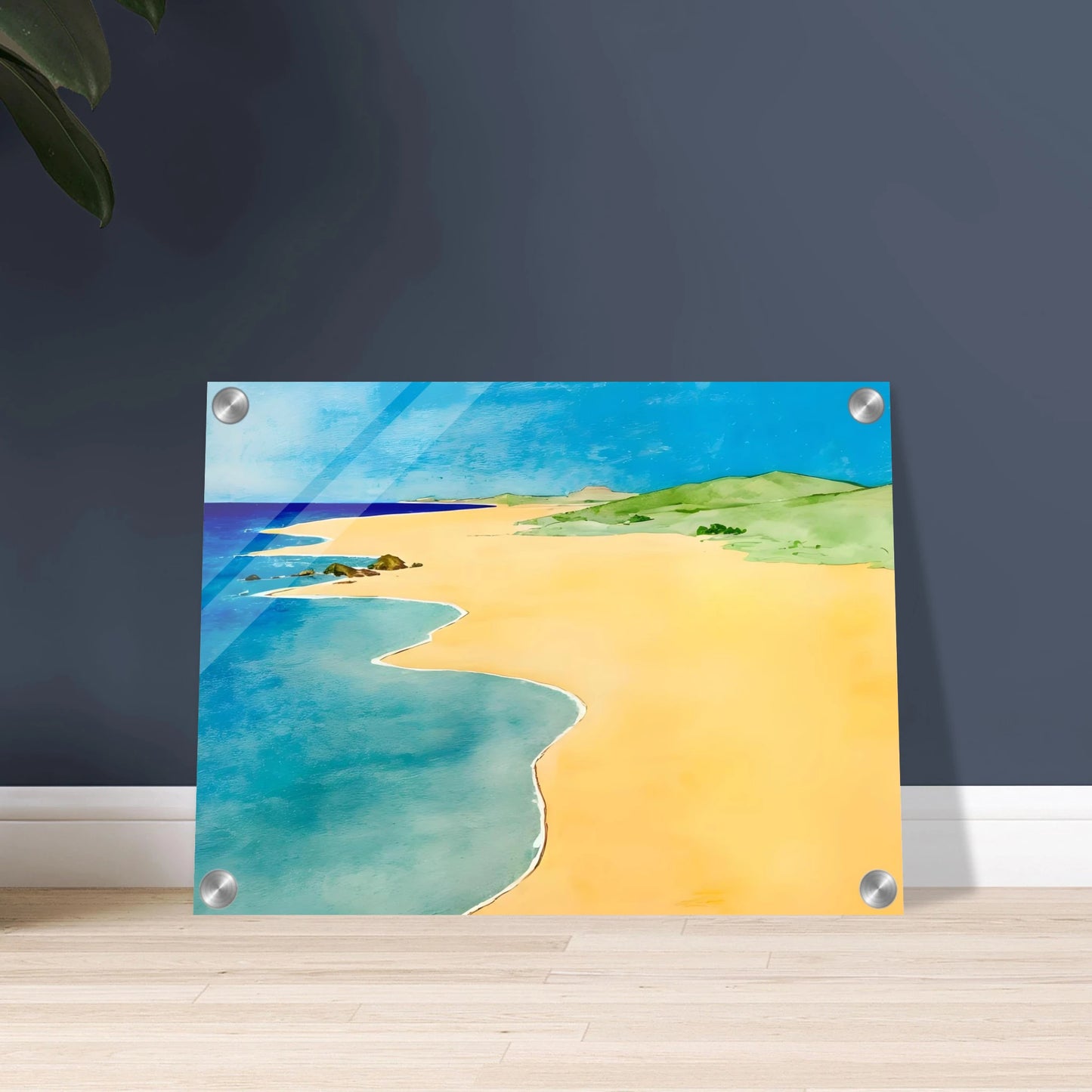 A calm beach scene with golden sand, turquoise waves, and green hills under a bright blue summer sky.