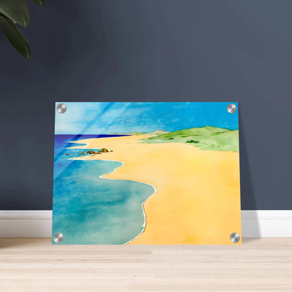 A calm beach scene with golden sand, turquoise waves, and green hills under a bright blue summer sky.