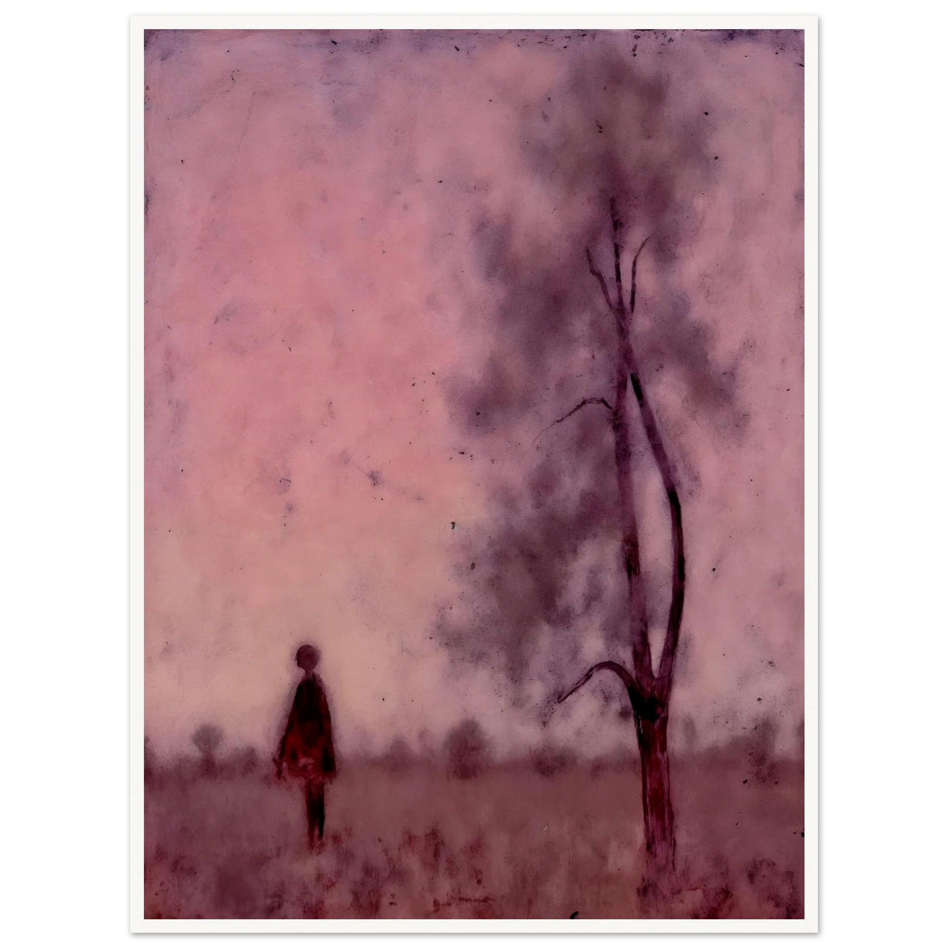 A solitary figure stands in a hazy pink field beside a tree, enveloped by a dreamlike, muted magenta atmosphere.