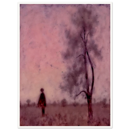 A solitary figure stands in a hazy pink field beside a tree, enveloped by a dreamlike, muted magenta atmosphere.