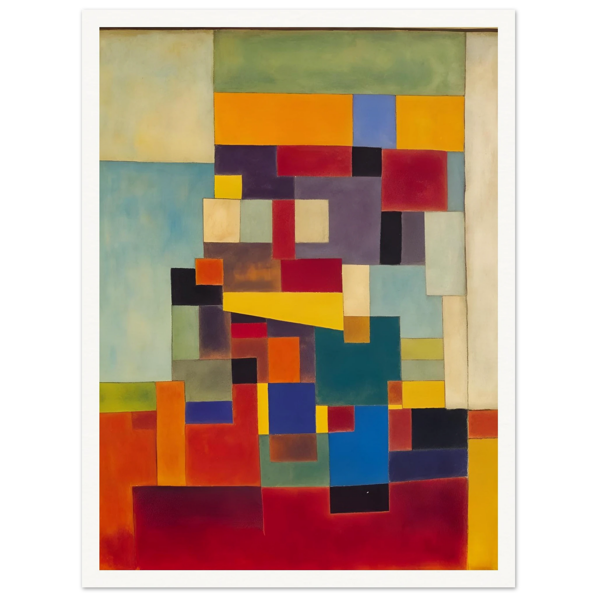 A vivid mosaic of geometric color blocks in red, blue, yellow, and green, forming a modern, rhythmic visual balance.