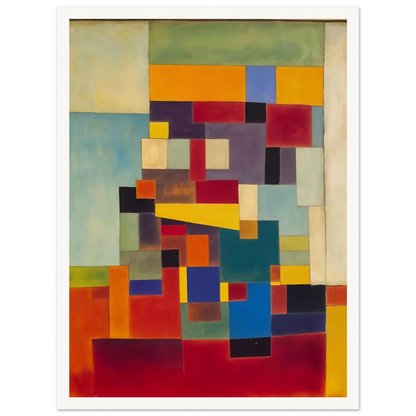 A vivid mosaic of geometric color blocks in red, blue, yellow, and green, forming a modern, rhythmic visual balance.