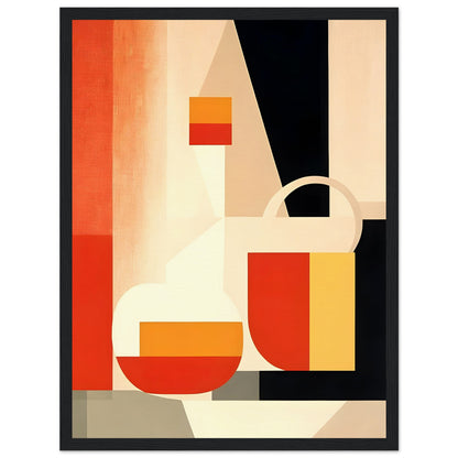 A geometric still-life painting featuring abstract shapes in warm tones of red, orange, yellow, and beige, contrasted with black elements.