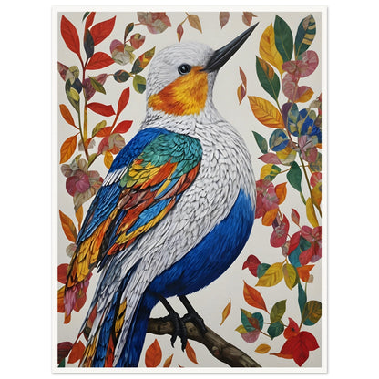 A colorful painting of a bird with vibrant blue, orange, yellow, and green feathers perched on a branch, surrounded by autumn leaves in red and gold hues.