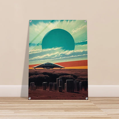 A futuristic landscape with a sleek spaceship hovering above a barren terrain, under a massive sunburst sky with a large teal sun dominating the horizon.