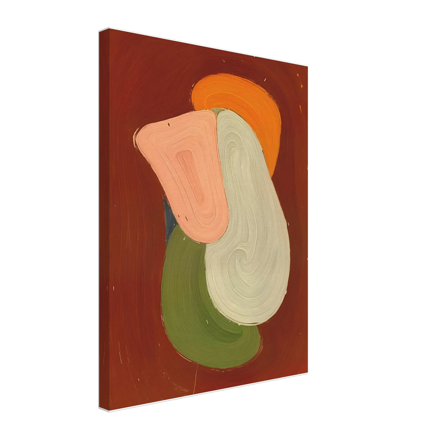 Bold layered organic figure in blush, ivory, olive, and amber rises against a deep rust field with sculptural modern presence.