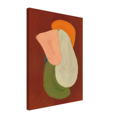 Bold layered organic figure in blush, ivory, olive, and amber rises against a deep rust field with sculptural modern presence.