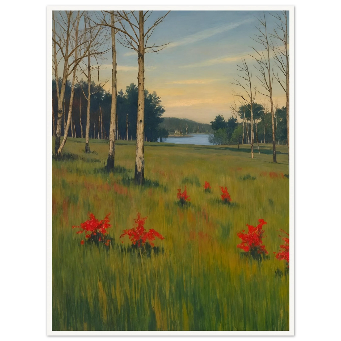 A tranquil meadow with red wildflowers, slender trees, and a calm lake in the distance under a soft pastel sky.