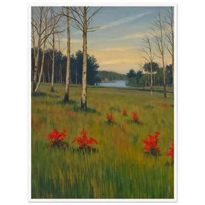 A tranquil meadow with red wildflowers, slender trees, and a calm lake in the distance under a soft pastel sky.