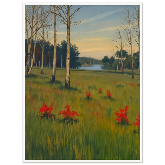 A tranquil meadow with red wildflowers, slender trees, and a calm lake in the distance under a soft pastel sky.