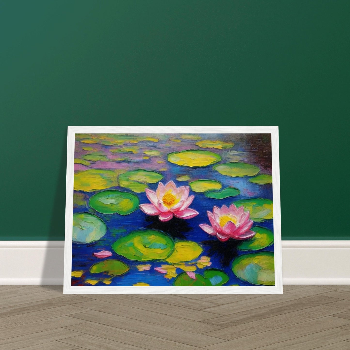 A vibrant painting of two pink water lilies floating among green lily pads on a serene blue pond.