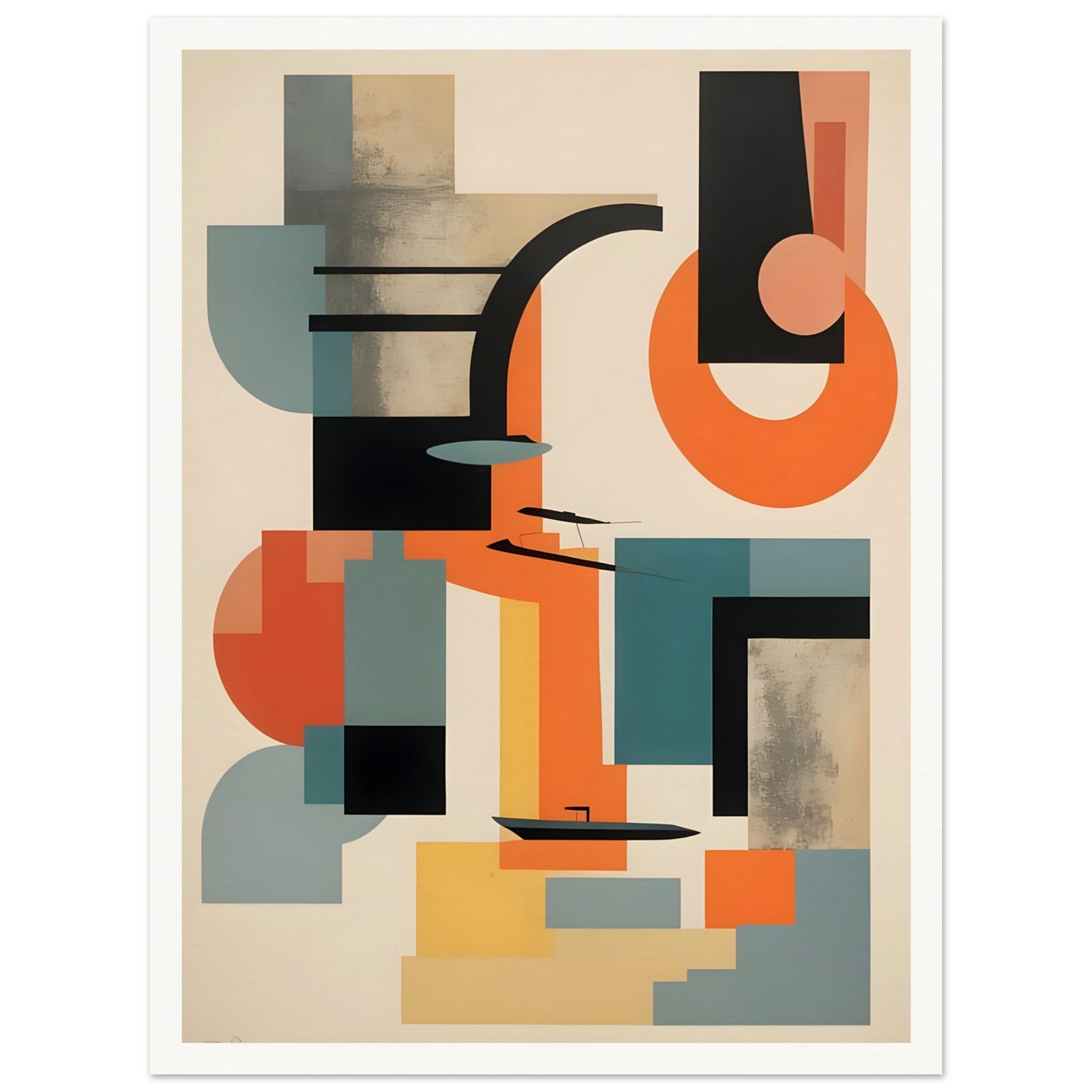 A geometric abstract painting featuring bold shapes in teal, orange, black, and beige, with intersecting lines and modern design elements.