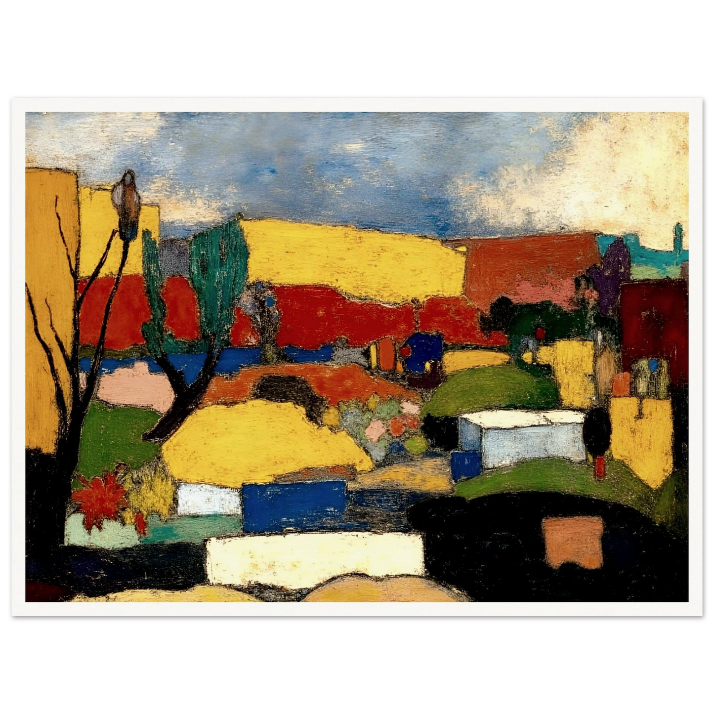 Colorful village nestled among rolling hills with bright rooftops, trees, and fields beneath a textured blue sky.