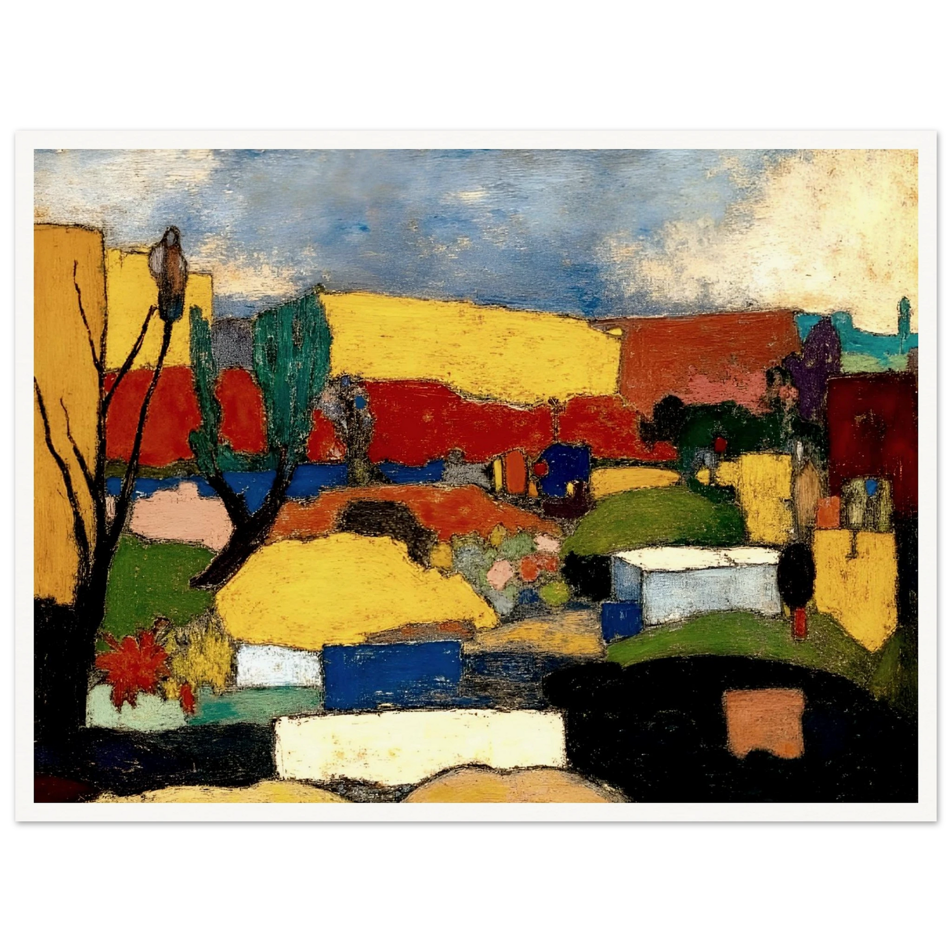 Colorful village nestled among rolling hills with bright rooftops, trees, and fields beneath a textured blue sky.