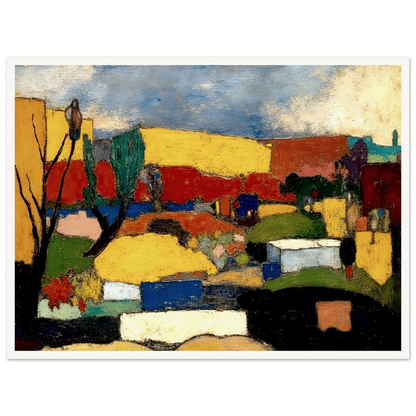Colorful village nestled among rolling hills with bright rooftops, trees, and fields beneath a textured blue sky.