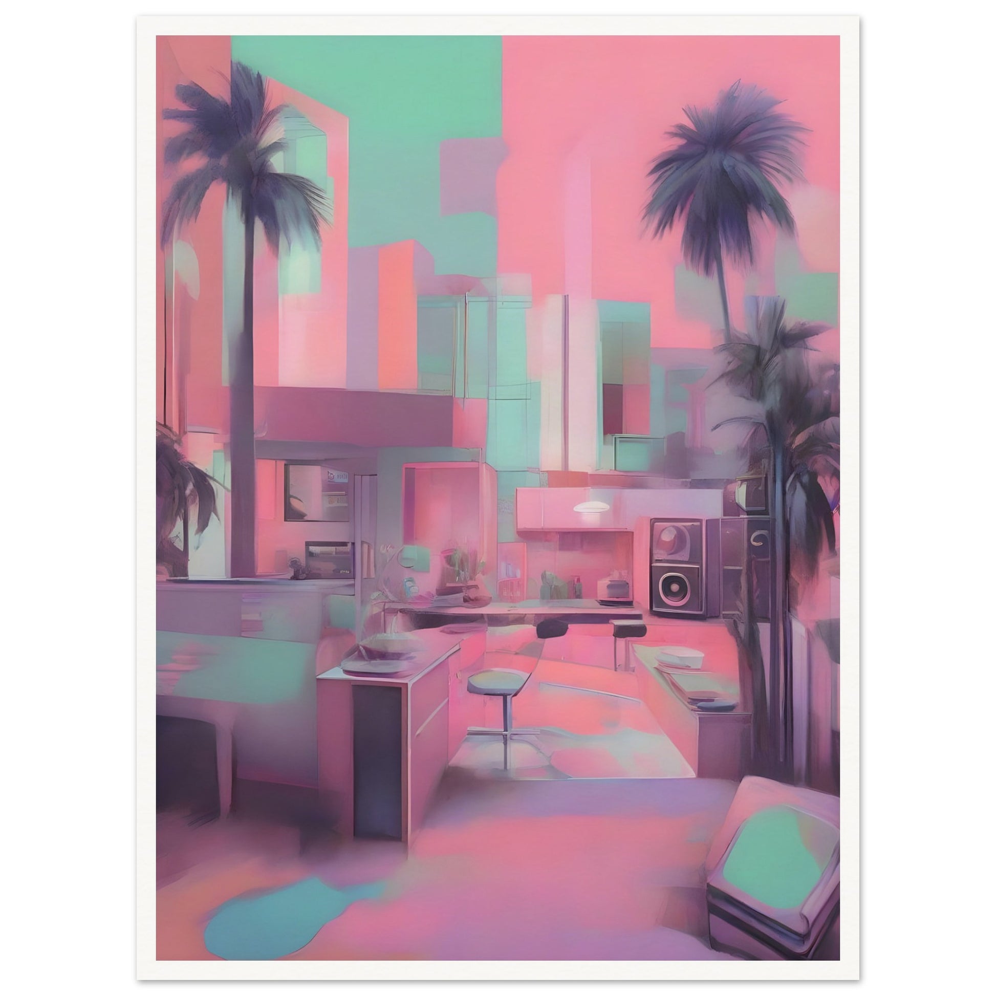 A pastel-toned interior with palm trees and modern furniture, blending dreamy pink, teal, and purple hues in a surreal cityscape.