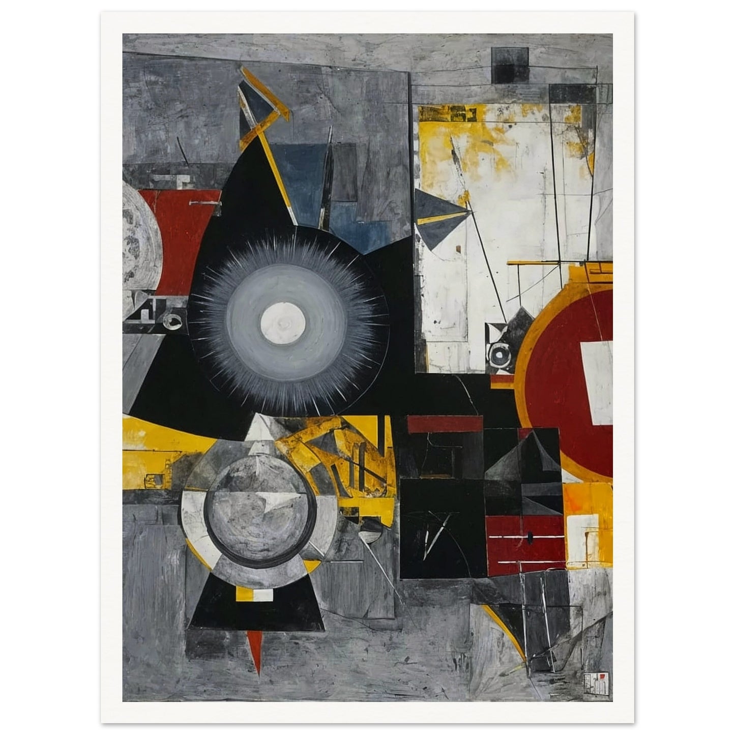 An abstract painting featuring geometric shapes, circles, and lines in a dynamic composition with a mix of gray, black, red, and yellow hues.