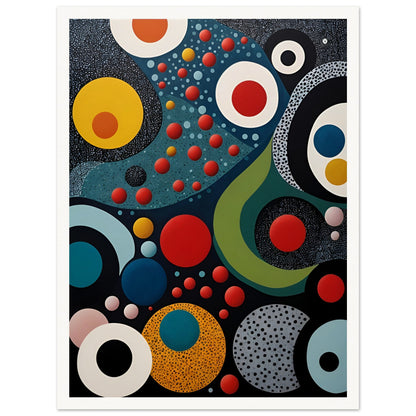 A vibrant geometric painting with bold circles, dots, and flowing shapes in red, blue, yellow, and black, resembling a cosmic abstract scene.