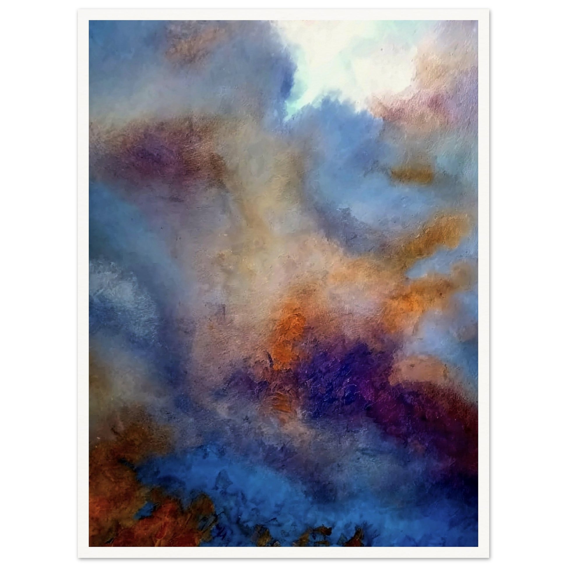 An abstract painting depicting a moody sky with swirling hues of blue, orange, and purple, evoking a dreamy and atmospheric scene.