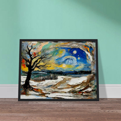 Vibrant painting of a night landscape with swirling stars, a bare tree, snowy ground, and dynamic colors evoking motion and energy