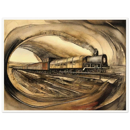 "A detailed painting of a steam engine train traveling through a tunnel, with a sepia-toned landscape surrounding the scene, evoking a sense of vintage travel."