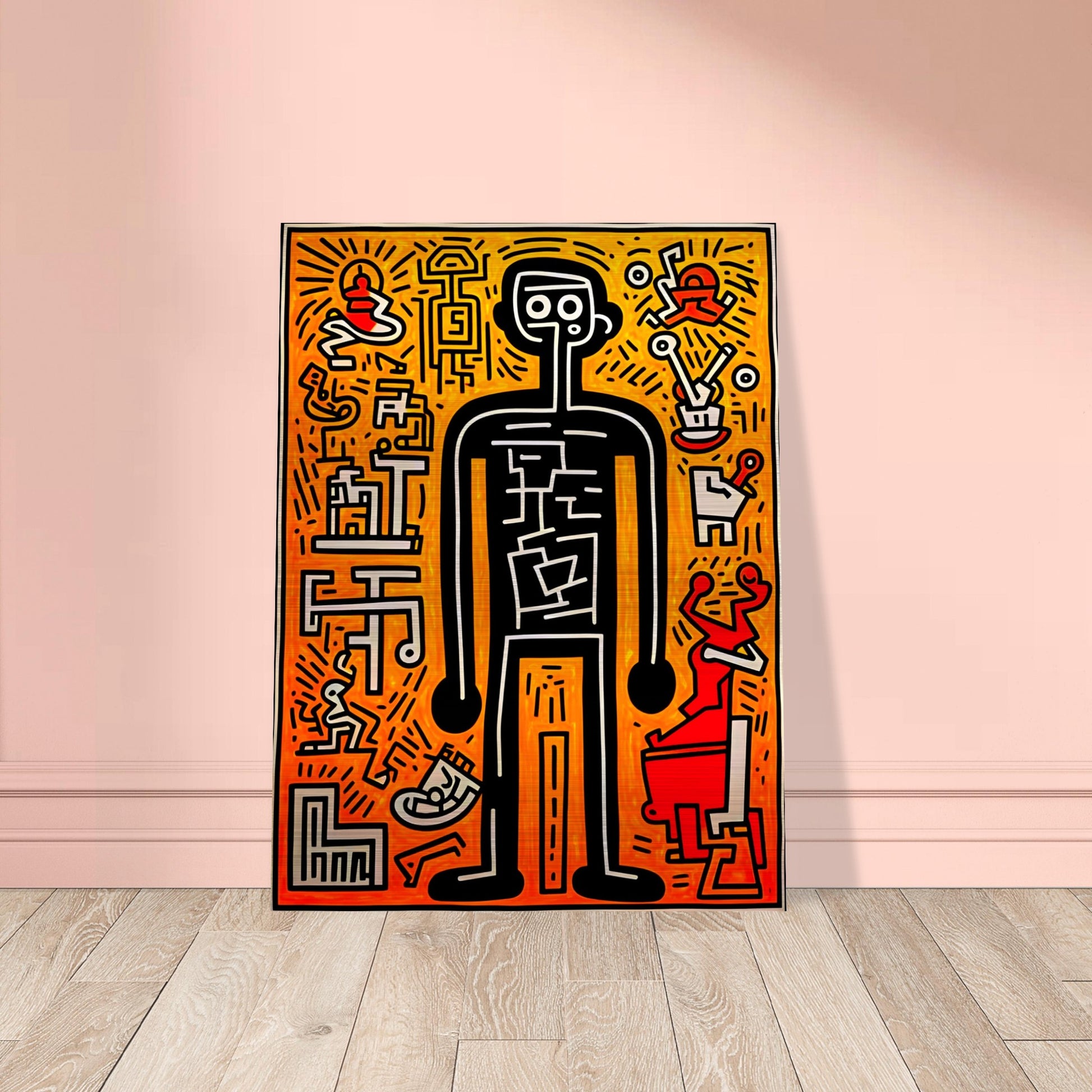 A bold pop-art figure outlined in black, surrounded by abstract symbols and patterns on an energetic orange and red background.