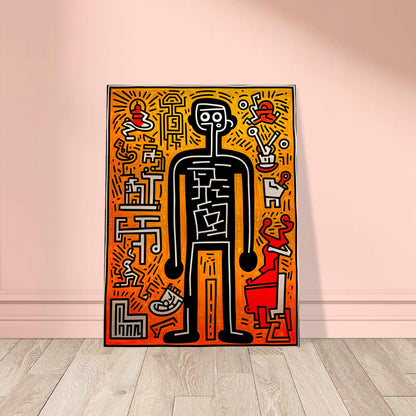 A bold pop-art figure outlined in black, surrounded by abstract symbols and patterns on an energetic orange and red background.